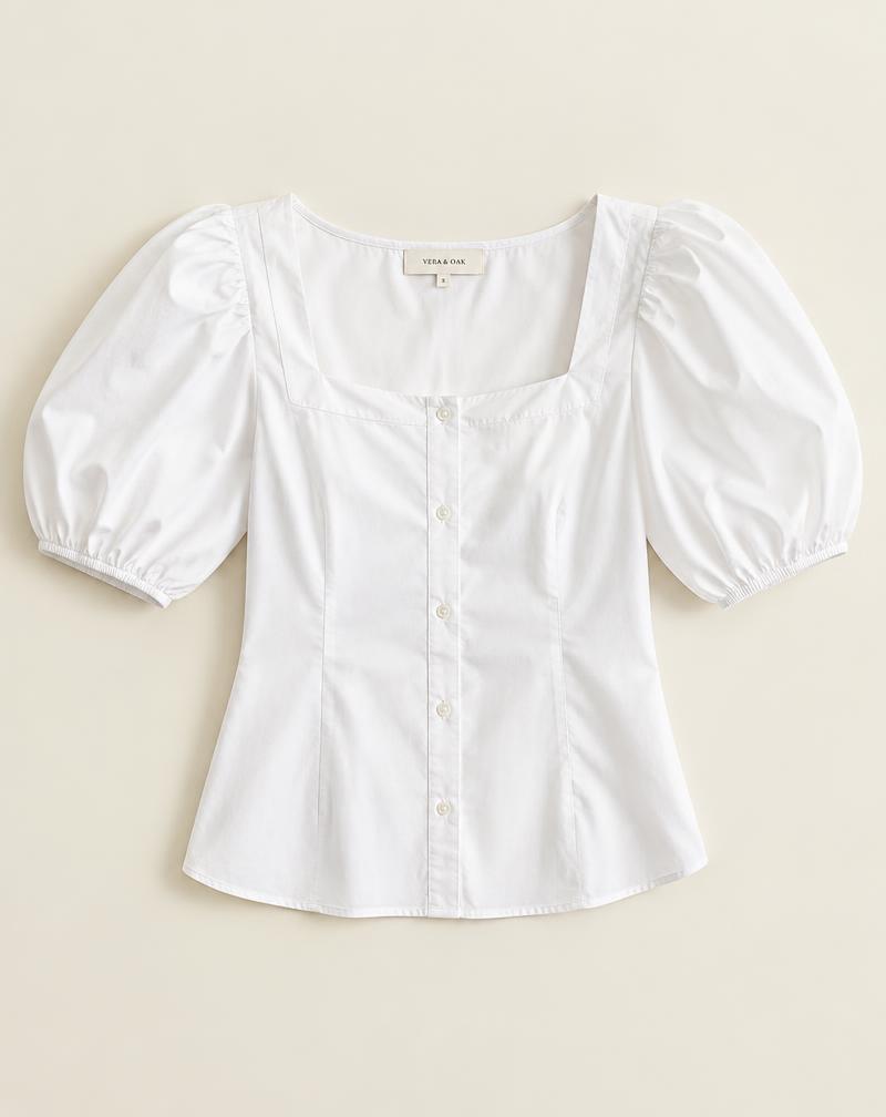 Blusa de popelín con mangas abullonadas, Blanco, talla M